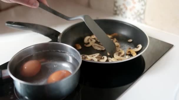 식사를 준비하는 남자의 건강에 식사를 남비에 달걀을 버섯에 튀기다 — 비디오