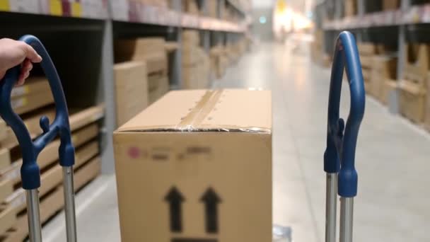 Muž Nosí Krabici Zakoupenou Obchodě Vozíku Osoba Sama Vyzvedne Zboží — Stock video