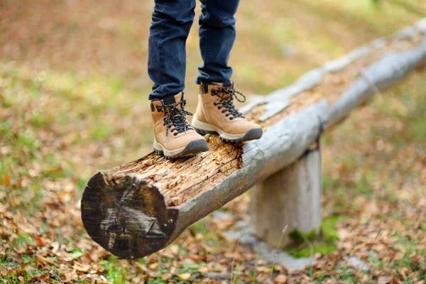 Close View Child Legs Hiking Boots Preteen Boy Having Fun — Stock Photo, Image