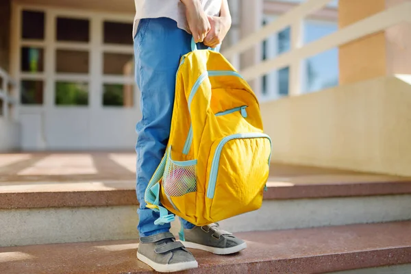 Little Student Backpack Steps Stairs School Building Close Child Legs — Foto Stock