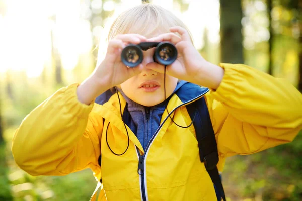 Little Boy Scout Binoculars Hiking Autumn Forest Child Looking Binoculars — Stock Photo, Image