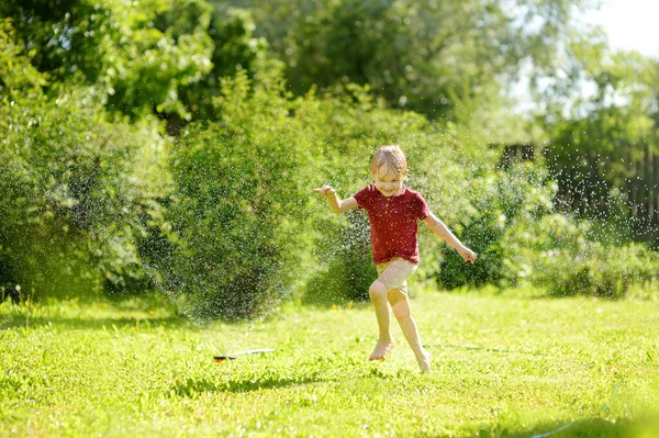 Lustiger Kleiner Junge Der Mit Gartensprenger Sonnigen Hinterhof Spielt Vorschulkind — Stockfoto