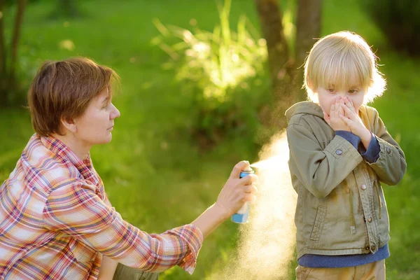 Woman Spraying Insect Mosquito Repellents Little Boy Walk Forest Protect — Stock Photo, Image