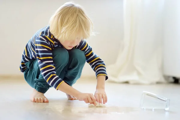 小男孩擦拭掉地上杯子里的水 教孩子自己打扫房间 准确性 帮助周围的房子 家庭责任 家务劳动 — 图库照片