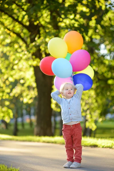 小男孩在庆祝生日聚会上玩得很开心 快乐的孩子 带着一束明亮的彩色气球 在阳光充足的公园里 学龄前儿童或幼儿的生日聚会 夏季户外儿童节 — 图库照片