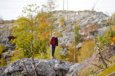 Kırmızı tişörtlü çocuk, güneşli bir günde dağ vadisinde yürüyüş yaparken doğayı keşfediyor ve eğleniyor. Aktif çocuklar için aktif eğlence. Çocuklu aileler için yaz tatili