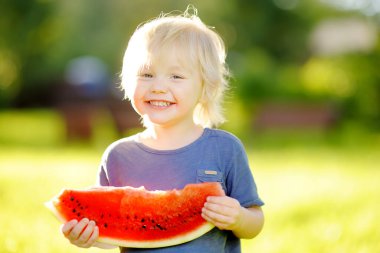 Sarışın, açık havada taze karpuz yiyen beyaz, şirin bir çocuk. Çocuklar için organik yiyecekler