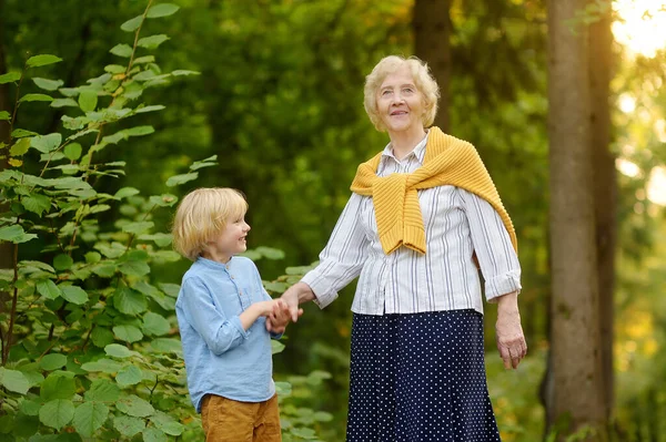 Cute Grandson Holding Hands His Joyful Elderly Grandmother Walking Summer — Stock Photo, Image