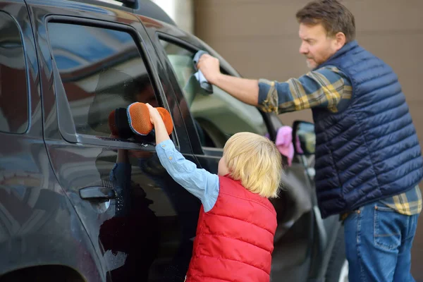 Preschooler Boy Helping His Father Washing Family Car Little Dad — Stock Photo, Image