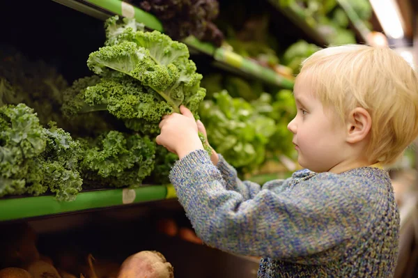 Menino Bonito Uma Loja Alimentos Supermercado Escolhendo Salada Couve Orgânica — Fotografia de Stock