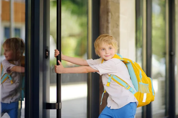 Little Schoolboy Leaves House School Holiday Child Yard Schoolhouse Quality — Stock Fotó