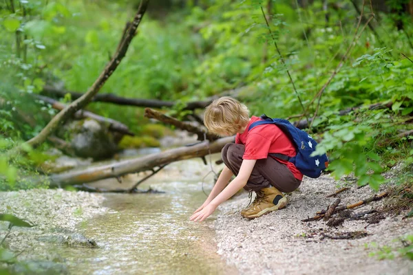 赤いシャツの前の少年は 山の谷のハイキング中に小川の水で自然を探索し 遊んでいます 精力的な子供のためのアクティブなレジャー 子供のためのサマーキャンプ屋外レクリエーション — ストック写真