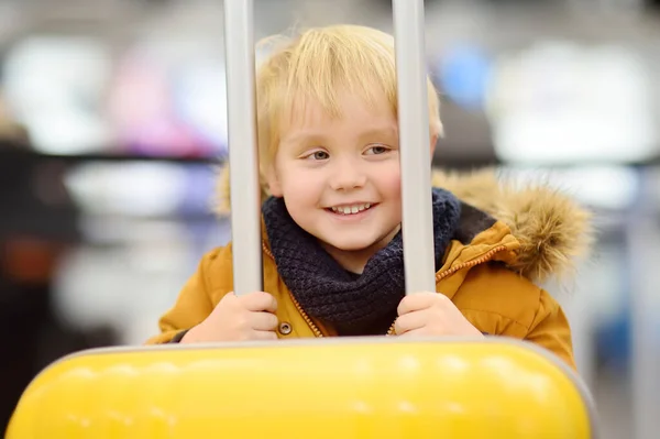 Cute Happy Little Boy Big Yellow Suitcase International Airport Flight — Stock Photo, Image