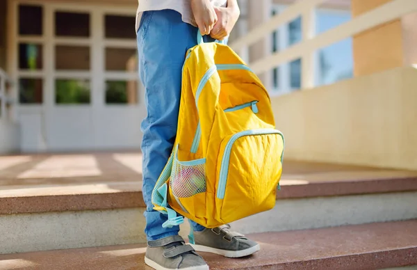 Little Student Backpack Steps Stairs School Building Close Child Legs — Fotografia de Stock
