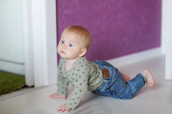 Cute Little Boy Crawling Floor Apartment Childcare Nursery — Stock Photo, Image