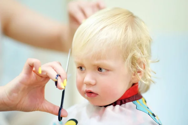 Close Portrait Toddler Child Getting His First Haircut Kids Fear — Stock Photo, Image