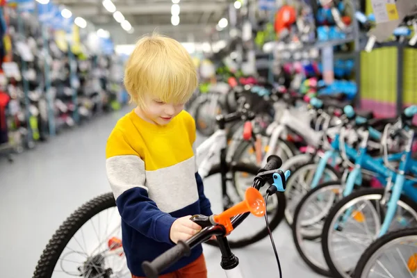 Little Boy Choosing Bicycle Sport Store Healthy Active Lifestyle Kids — Stock Photo, Image