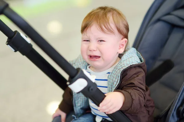Screaming Little Baby Boy Portrait Crying Toddler Sitting Stroller Kids — Stock Photo, Image