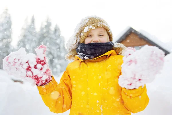 在欧洲阿尔卑斯山度假的时候 十几岁的男孩玩着新鲜的雪玩得很开心 穿着保暖衣服 手套和围巾的孩子 在寒假时间为儿童提供积极的户外休闲活动 — 图库照片
