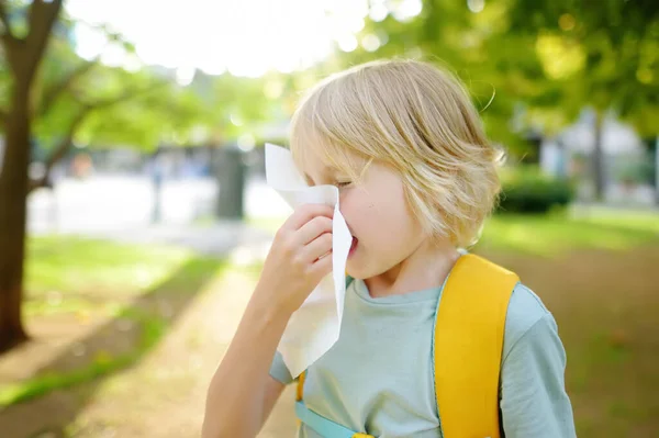 在夏季公园散步的时候 一个十几岁的男孩用餐巾纸打喷嚏和擦鼻涕 过敏的孩子 生病的孩子 流感季节及感冒鼻炎的治疗 — 图库照片
