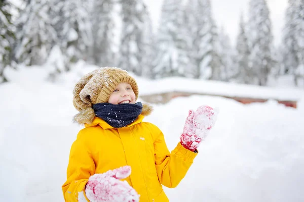 Preteen Boy Having Fun Playing Fresh Snow Vacation European Alps — Stock Photo, Image