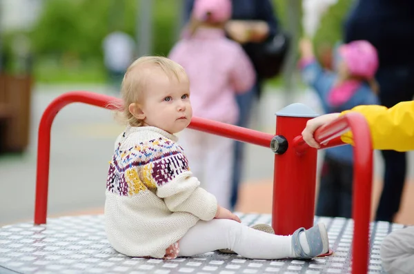 Cute Toddler Girl Having Fun Outdoor Playground Baby Rides Carousel — Stock Photo, Image