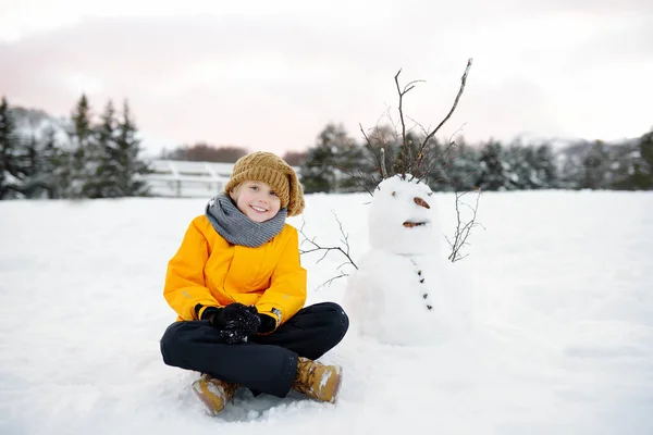 Preteen Boy Builds Funny Snowman Snowy Park Happy Child Having — Stock Photo, Image