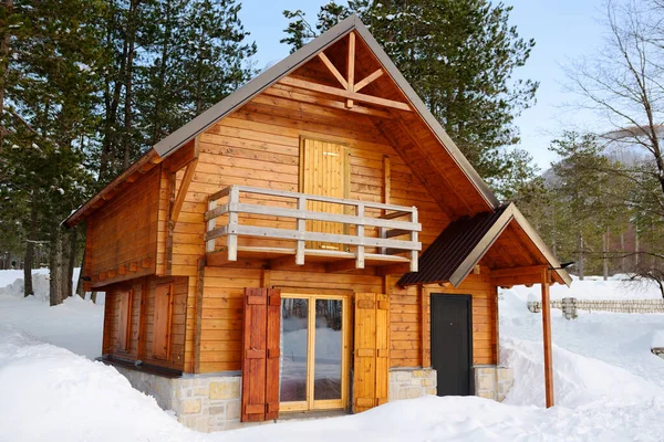 冬季冷雪天欧州阿尔卑斯山田园诗般森林中的传统乡村木制山地木屋景观 — 图库照片