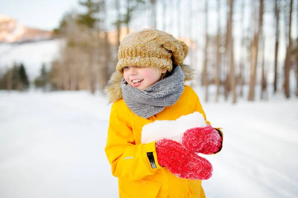 在阳光明媚的冬日 小男孩在森林里玩冰柱或雪球很开心 在雪地里为有孩子的家庭提供积极的户外活动 — 图库照片
