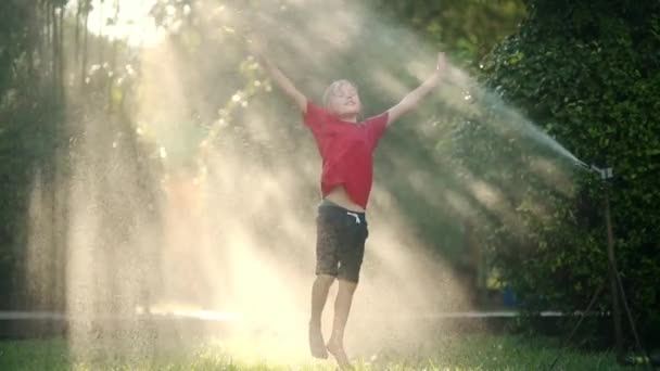 在阳光普照的庭院里玩花园洒水器的滑稽小男孩的慢镜头 小学生笑着 玩着洒水 夏天的户外活动 — 图库视频影像