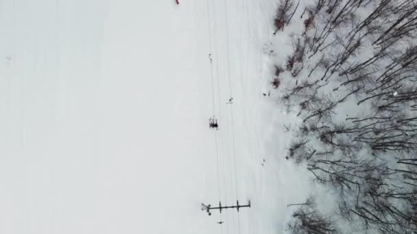 Unusual View Drone Ski Resort People Skiing Drag Lift Top — Stock Video