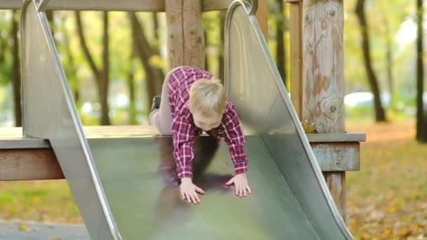 面白い少年が秋の公園でスライドを走っている 子供は遊び場で楽しんでいる 落ち着かない子供のための遊び場の伝統的なアクティブおよびスポーツゲーム — ストック動画