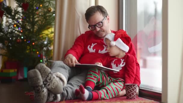 クリスマスの朝の居心地の良い家族の瞬間 成熟した父親と彼の息子は 落ちる雪を見て 休日の物語で本を読むパノラマウィンドウに座っています クリスマスの雰囲気 — ストック動画