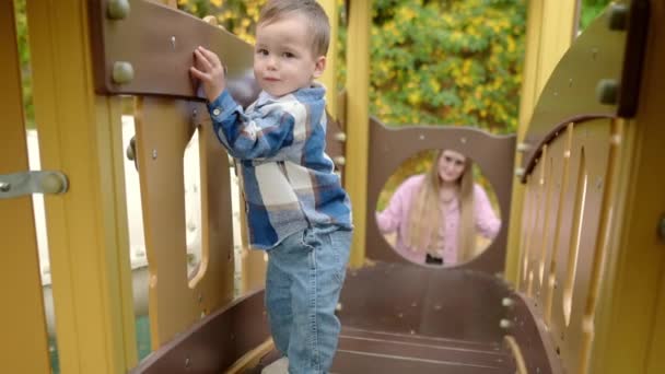 Adorable Toddler Boy Having Fun Outdoor Playground Cute Baby Climbing — Stock Video