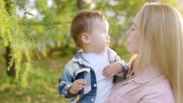 Amante Jovem Mãe Segurando Mãos Adorável Menino Enquanto Caminhava Ensolarado — Vídeo de Stock