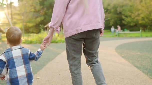 トッドラーは母親と屋外遊び場で楽しんでいる 女性と息子は 家の近くの公園で一緒に歩いていました 家族は新しいスライドとスイングを探検します 赤ちゃんは母親の手を握って歩きます — ストック動画
