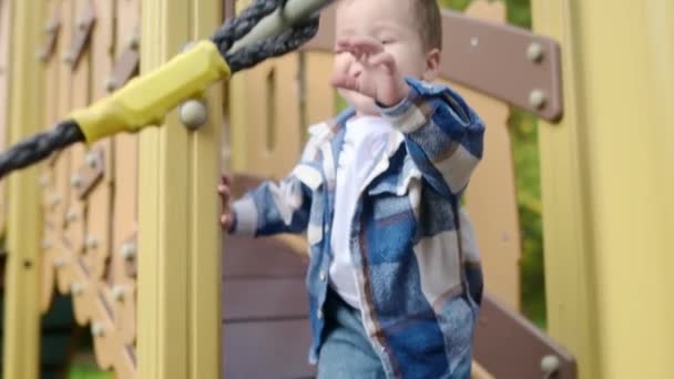 Sevimli Çocuk Dışarıda Oyun Parkında Eğleniyor Şirin Bebek Tırmanma Oyuncağı — Stok video