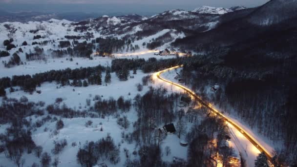 Amazing Evening Aerial View Drone Road Scenic Mountains Winter Top — Stock Video