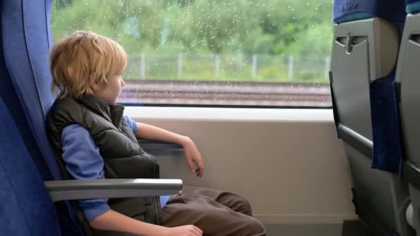 かわいい小さい少年は 外で雨が降っている間 地下鉄の列車や鉄道で旅行しています 最初の子供は熟考し それから微笑んでいる 乗客の肖像画を閉じる — ストック動画