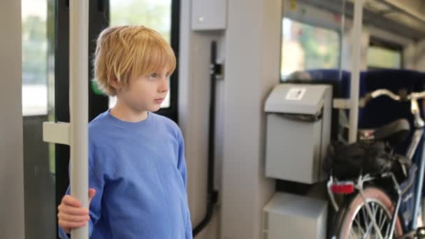 Preteen Boy Travels Subway Car Railway Child Watches Landscape Train — Stock Video