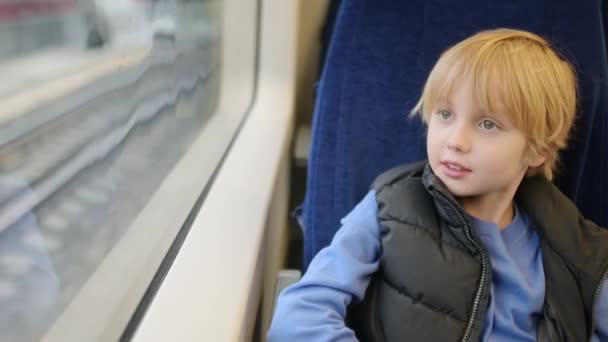 かわいい小さい少年は 外で雨が降っている間 地下鉄の列車や鉄道で旅行しています 子供の乗客の肖像画 — ストック動画