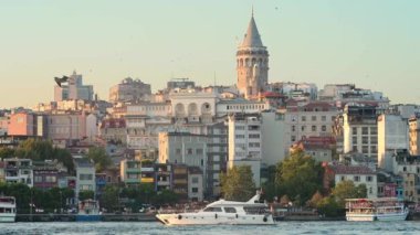 İstanbul, Türkiye - 6 Ağustos 2023: Günbatımında köprüye yakın Golden Horn sahil şeridinin manzarası. Çok uzakta ünlü Galata Kulesi var. İstanbul 'un güzel, yoğun şehir manzarası. Önünde martılar var.