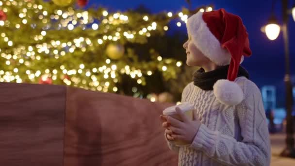 Aranyos Kisfiú Forró Csokit Iszik Vagy Puncsot Díszes Utcai Karácsonyfa — Stock videók