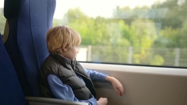 Tatlı Çocuk Dışarıda Yağmur Yağarken Yerel Bir Tren Vagonunda Demiryolunda — Stok video