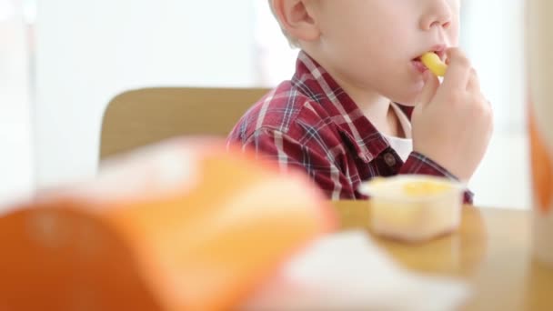 Hamburger Patates Kızartması Sos Yiyen Şirin Sarışın Çocuk Bir Fast — Stok video