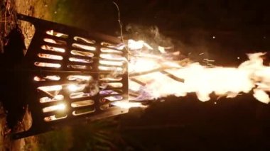 Geceleri arka bahçede yanan ağaçlarla şenlik ateşi. Açık ateş için uygun ve güvenli bir kase. Metal bir ateş çukuru çimenlikte ya da yaz kampında piknik yapmak için güvenli bir araçtır..