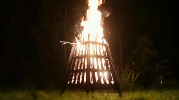 篝火与燃烧的树林在后院的夜晚 一个方便和安全的碗为一个开放的火 金属便携式火坑是草坪上或夏令营中户外野餐的安全装置 — 图库视频影像