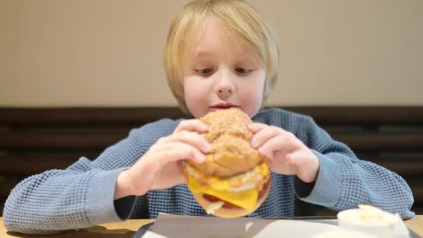 Blonda Drăguț Băiat Ani Care Mănâncă Hamburger Mare Fast Food — Videoclip de stoc