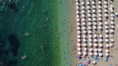 Sıcak bir yaz gününde insanlarla dolu bir plajın insansız hava görüntüsü. Tatil sezonu. Mükemmel kumlu bir sahilde beyaz güneş şemsiyeleri üst üste. En saf şeffaf Adriyatik Denizi