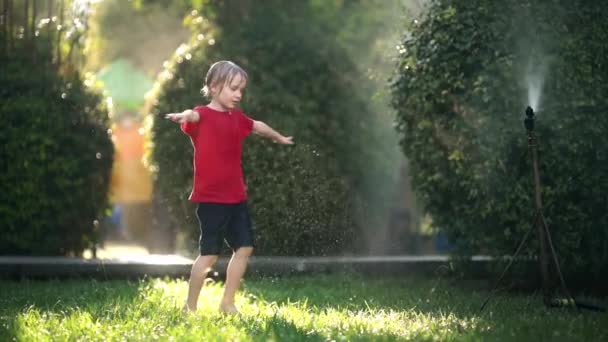 Медленно Движущееся Видео Забавного Мальчика Играющего Брызгами Сада Солнечном Заднем — стоковое видео